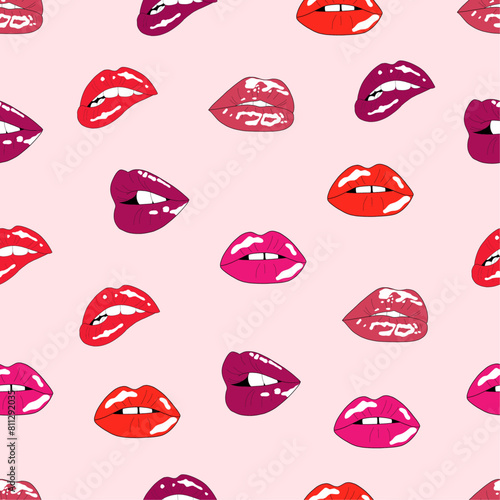 Seamless pattern with womans  lips. Love theme  feminine design. Hand drawn vector illustration