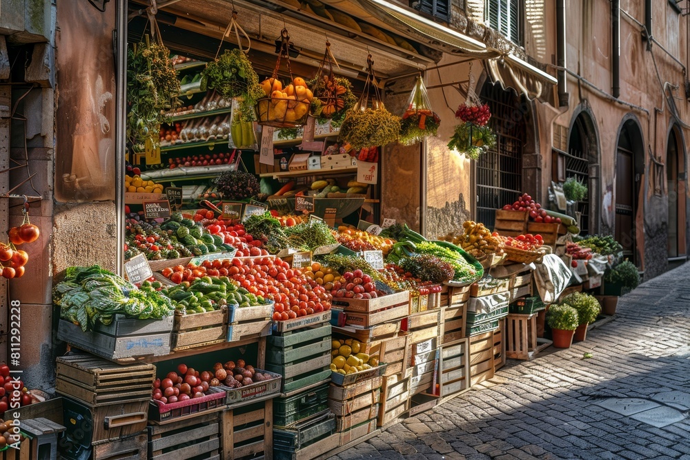 Bustling Outdoor Italian Market With Fresh Fruits and Vegetables, A picturesque scene of a bustling Italian outdoor market with stalls overflowing with fresh vegetables, fruits, and herbs