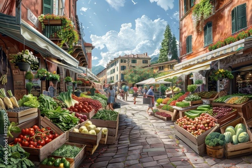 People Shopping in an Outdoor Market, A picturesque scene of a bustling Italian outdoor market with stalls overflowing with fresh vegetables, fruits, and herbs