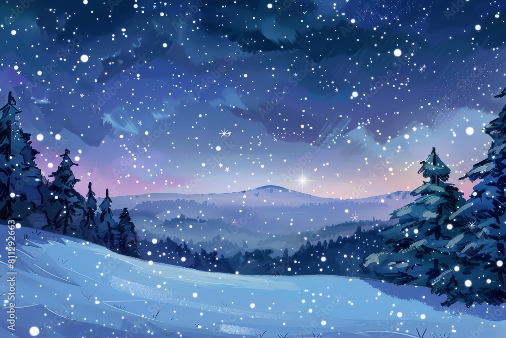 A snowy landscape featuring trees and mountains under a starry sky, A picturesque winter landscape with a starry sky and shimmering snowflakes falling gently A snowy landscape featuring trees and mountains under a starry sky, A picturesque winter landscape with a starry sky and shimmering snowflakes falling gently