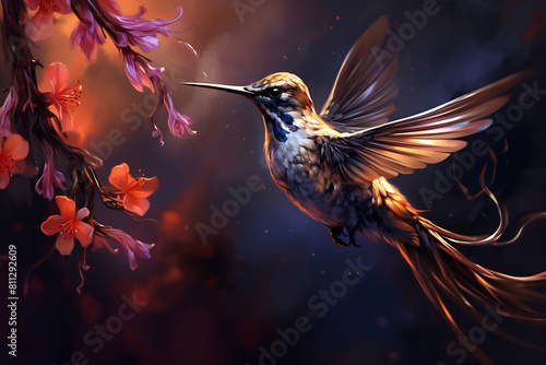 Ethereal Hummingbird Amidst Blooms photo