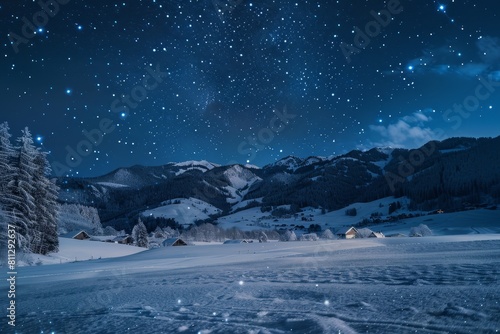 A night sky filled with stars shining over a snow-covered mountain  A picturesque winter landscape with a starry sky and shimmering snowflakes falling gently