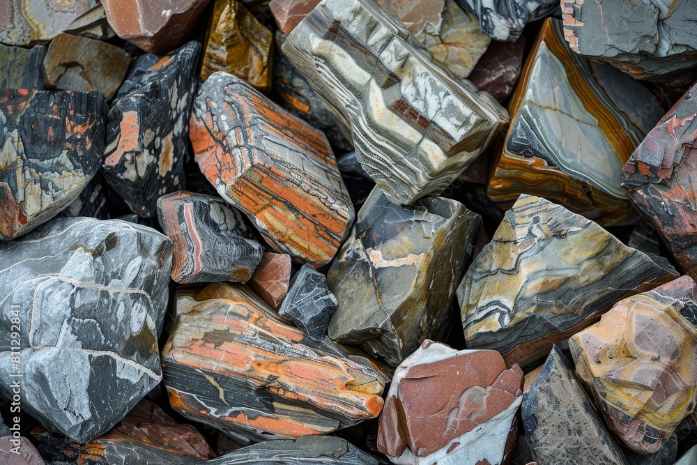 Various colored and shaped rocks stacked in a pile, A pile of textured rocks in various shapes and sizes, each with unique colors and patterns Various colored and shaped rocks stacked in a pile, A pile of textured rocks in various shapes and sizes, each with unique colors and patterns