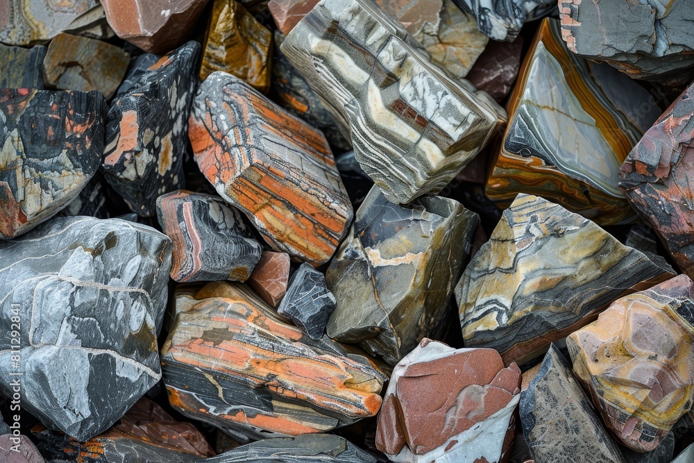 Various colored and shaped rocks stacked in a pile, A pile of textured rocks in various shapes and sizes, each with unique colors and patterns