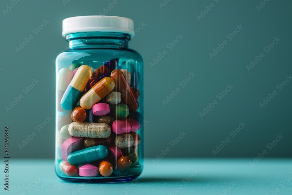 Glass jar filled with vibrant, assorted capsules of various colors, A pill bottle filled with colorful capsules Glass jar filled with vibrant, assorted capsules of various colors, A pill bottle filled with colorful capsules