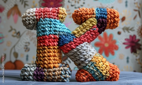 Knitted colored letter K on an abstract background.