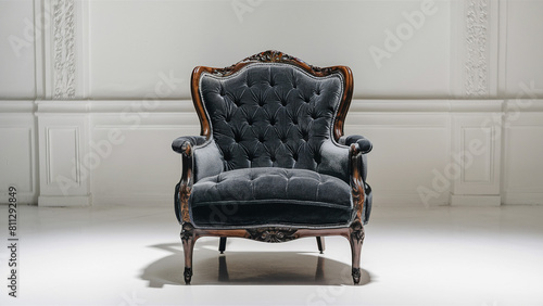 A vintage-style chair made of dark brown wood, adorned with luxurious tufted velvet upholstery, set against a clean white background. 