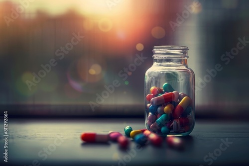 Glass jar filled with various colorful pills, A pill bottle filled with colorful capsules