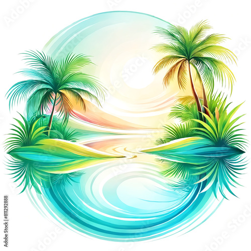 A beautiful tropical scene with a sea  surrounded by lush green palm trees.