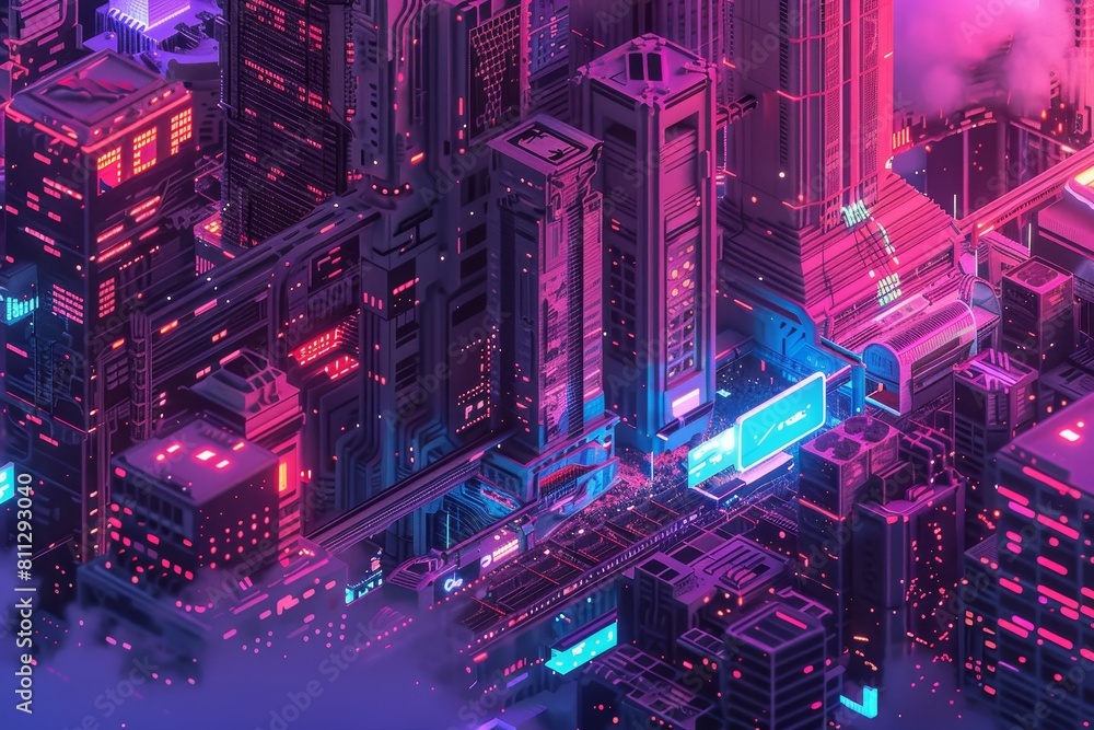 A futuristic city illuminated by neon lights and tall skyscrapers towering over the landscape, A pixelated digital design with a futuristic, tech-inspired aesthetic A futuristic city illuminated by neon lights and tall skyscrapers towering over the landscape, A pixelated digital design with a futuristic, tech-inspired aesthetic