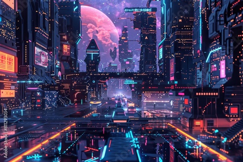 A digitally rendered cityscape adorned with neon lights and a futuristic ambiance at night, A pixelated digital design with a futuristic, tech-inspired aesthetic photo
