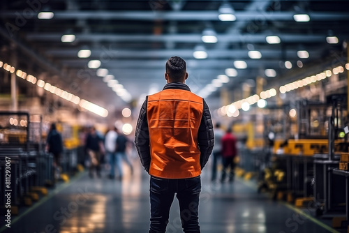 Rear view of a warehouse worker standing in front of a large warehouse