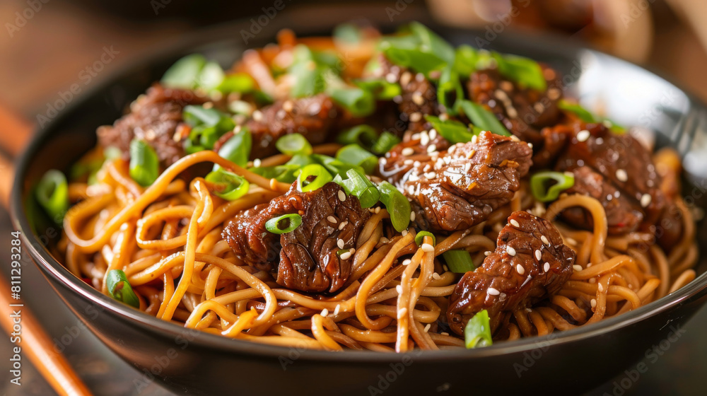 Close-up of delicious mongolian beef stir-fry, perfectly seasoned and served on a bed of noodles, garnished with green onions and sesame seeds Close-up of delicious mongolian beef stir-fry, perfectly seasoned and served on a bed of noodles, garnished with green onions and sesame seeds