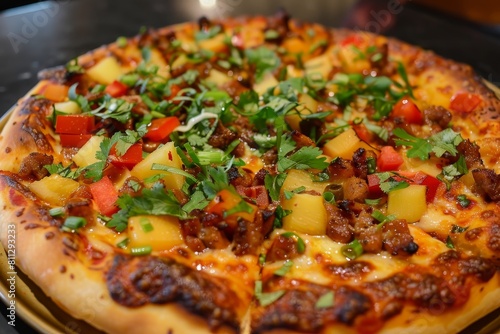 A close up of a pizza on a plate resting on a table, A pizza inspired by international cuisine, such as a Thai curry pizza or a Hawaiian luau pizza
