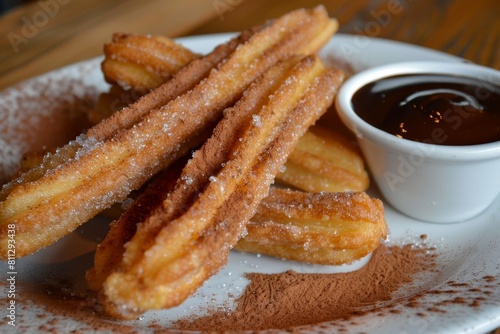 White plate topped with churros coated in cinnamon sugar and served with dipping sauce, Crispy and golden churros dusted with cinnamon sugar