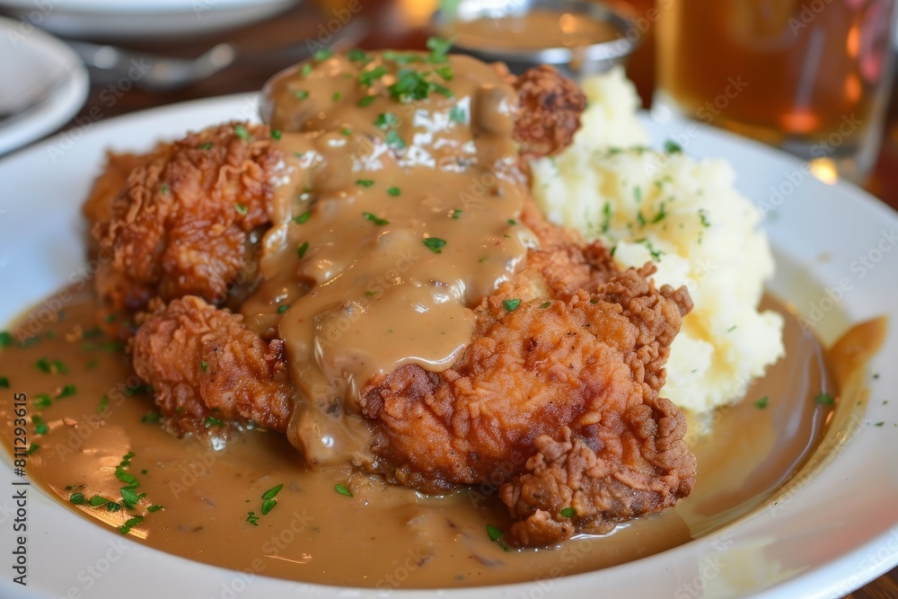 A white plate topped with crispy fried chicken, mashed potatoes, and covered in savory gravy, A plate of crispy fried chicken with mashed potatoes and gravy A white plate topped with crispy fried chicken, mashed potatoes, and covered in savory gravy, A plate of crispy fried chicken with mashed potatoes and gravy