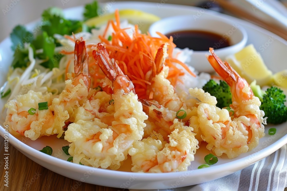 A plate featuring crispy tempura shrimp, fluffy rice, and vibrant broccoli, A plate of crispy tempura shrimp and vegetables served with a side of dipping sauce A plate featuring crispy tempura shrimp, fluffy rice, and vibrant broccoli, A plate of crispy tempura shrimp and vegetables served with a side of dipping sauce