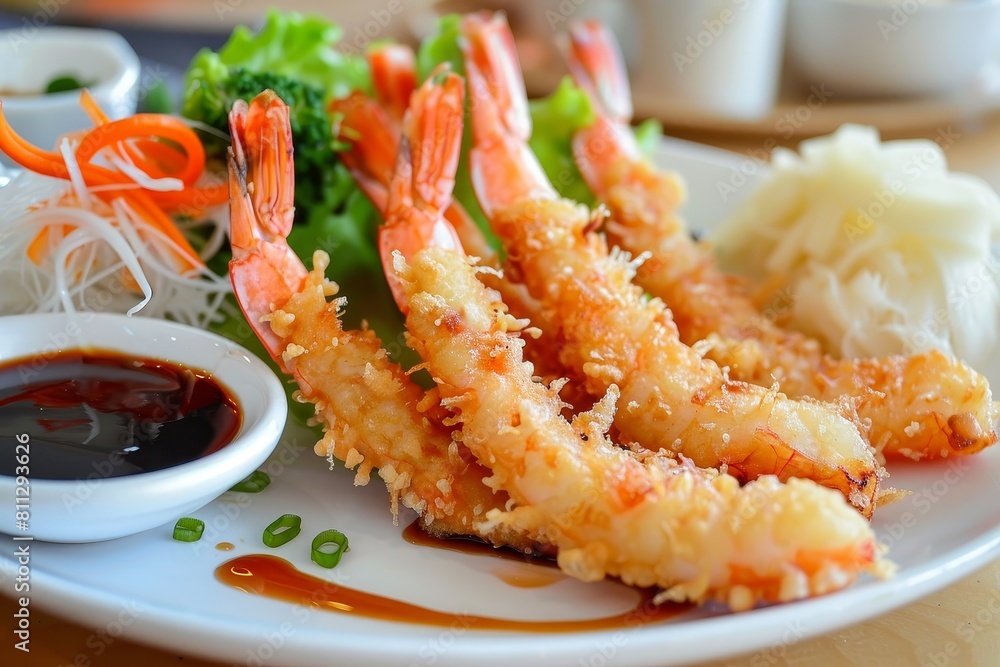 A white plate is filled with crispy tempura shrimp and assorted vegetables, A plate of crispy tempura shrimp and vegetables served with a side of dipping sauce A white plate is filled with crispy tempura shrimp and assorted vegetables, A plate of crispy tempura shrimp and vegetables served with a side of dipping sauce
