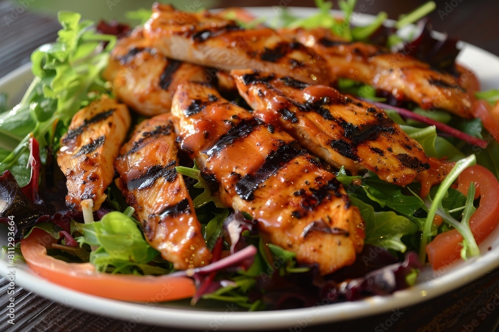 A white plate filled with a mix of greens and grilled chicken, A plate of mixed greens topped with grilled chicken strips