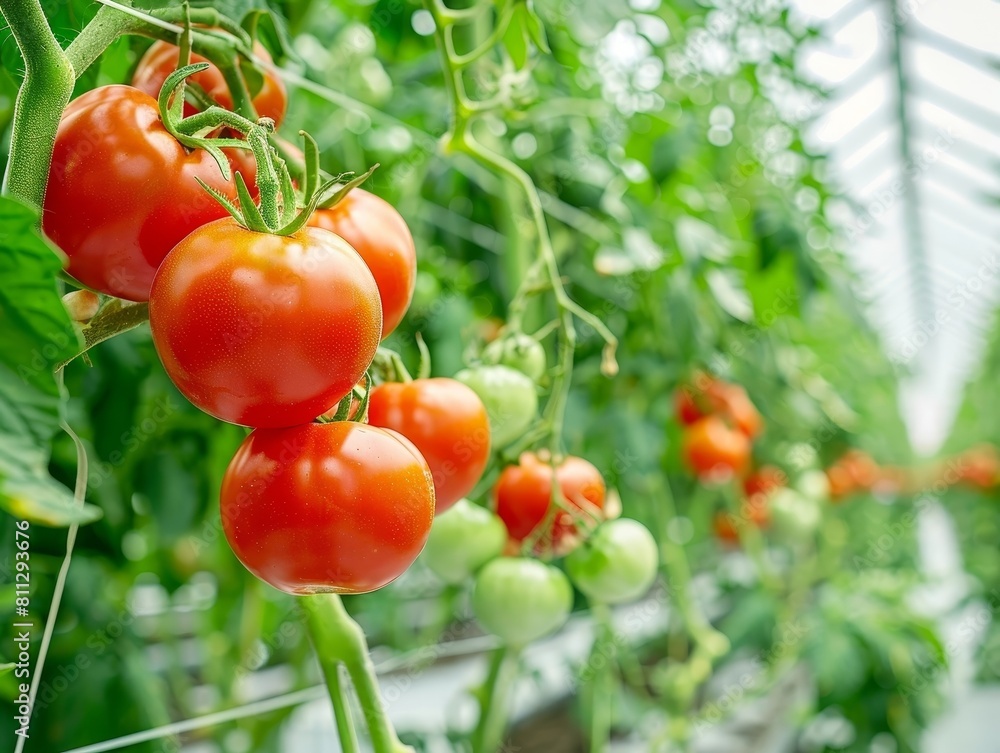 Closeup of Lush Tomato Vines Flourishing in Greenhouse Environment Closeup of Lush Tomato Vines Flourishing in Greenhouse Environment