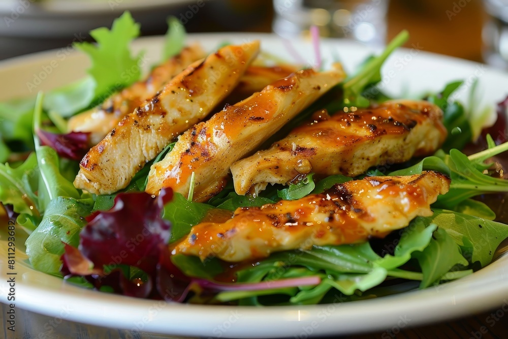 A white plate filled with grilled chicken and a variety of fresh greens, A plate of mixed greens topped with grilled chicken strips