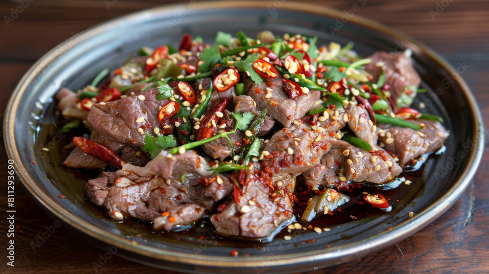 Traditional mongolian beef dish with fresh herbs and spicy red chili peppers on an authentic platter