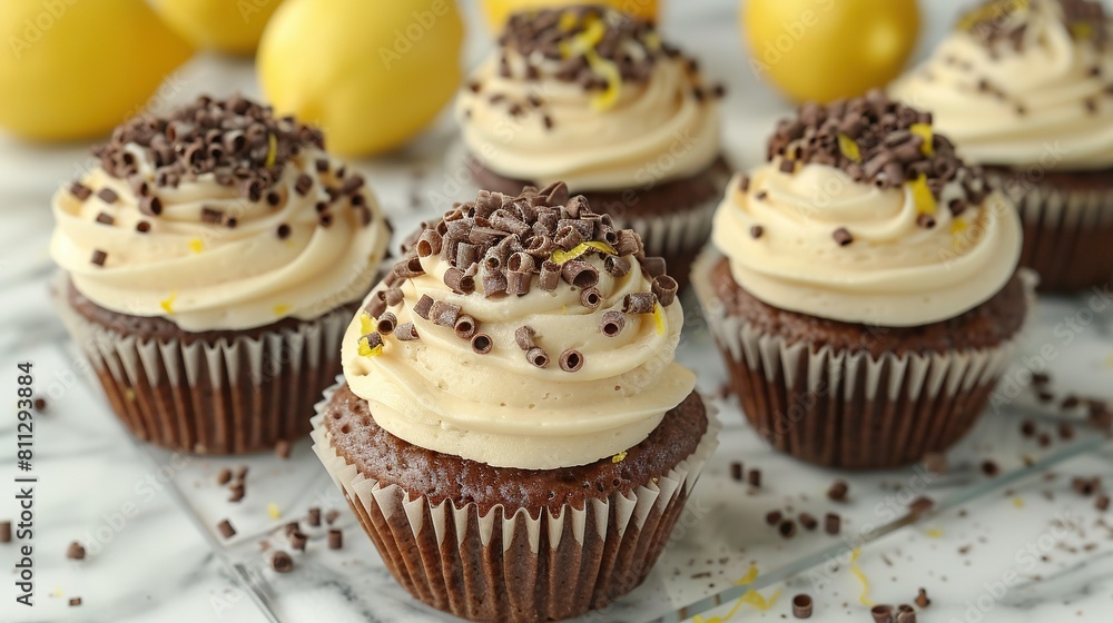 A zoomed-in view of cupcakes adorned with frosting and sprinkles, placed on a plate against a backdrop of lemons A zoomed-in view of cupcakes adorned with frosting and sprinkles, placed on a plate against a backdrop of lemons