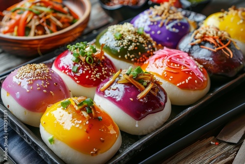 A plate filled with deviled eggs topped with various flavorful toppings, A platter of colorful bao buns stuffed with flavorful fillings like barbecue pork or crispy tofu photo