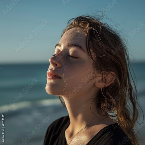 Contemplative Woman Seeking Peace in an Ocean-Blue Embrace
