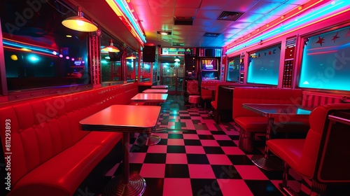 Create a digital painting of a retro 50s diner with bright neon lights and shiny chrome accents. The diner should be empty except for a jukekebox in the corner. photo