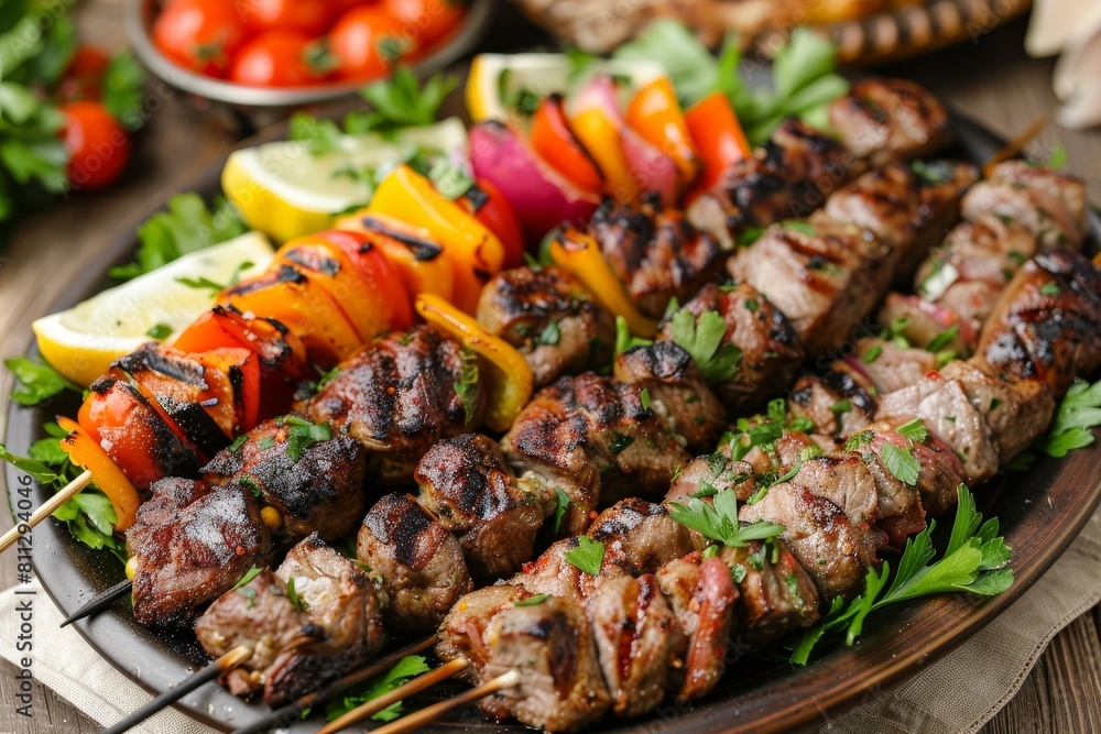 Assorted grilled meats and vegetables on skewers arranged on a plate, A platter of grilled meats and kebabs with vibrant garnishes