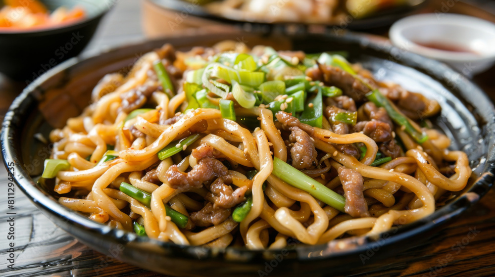 Close-up of a tasty mongolian beef stir-fry with scallions, presenting the traditional flavors and cuisine of mongolia Close-up of a tasty mongolian beef stir-fry with scallions, presenting the traditional flavors and cuisine of mongolia