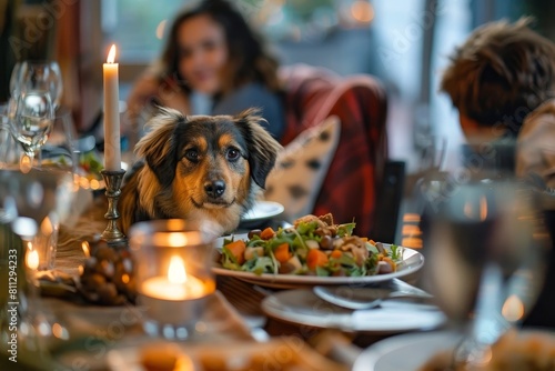 Family Bonding Time: A Loving Dinner Scene with a Patient Pet Dog Awaiting Scraps photo