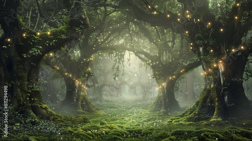 A mystical forest scene illuminated by golden twinkling lights among ancient trees  with sunbeams filtering through mist.