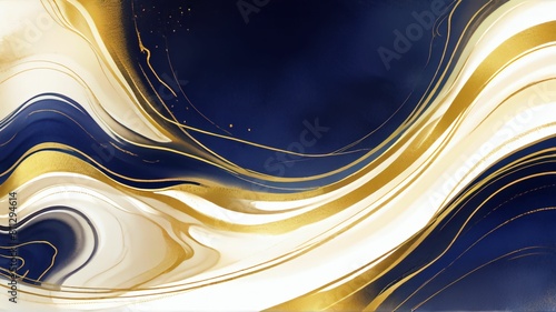 Gold and navy blue waves abstract luxury background for copy space text. Golden colors curves backdrop of alcohol ink watercolor panorama banner