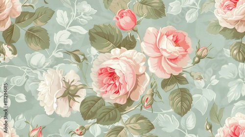 Fototapeta Naklejka Na Ścianę i Meble -  Elegant vintage floral wallpaper design featuring delicate pink and white roses on a soft green background, ideal for classic home decor.