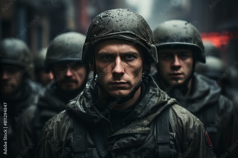 Soldiers with stern, battle-hardened faces stand in line. Soldiers with stern, battle-hardened faces stand in line.