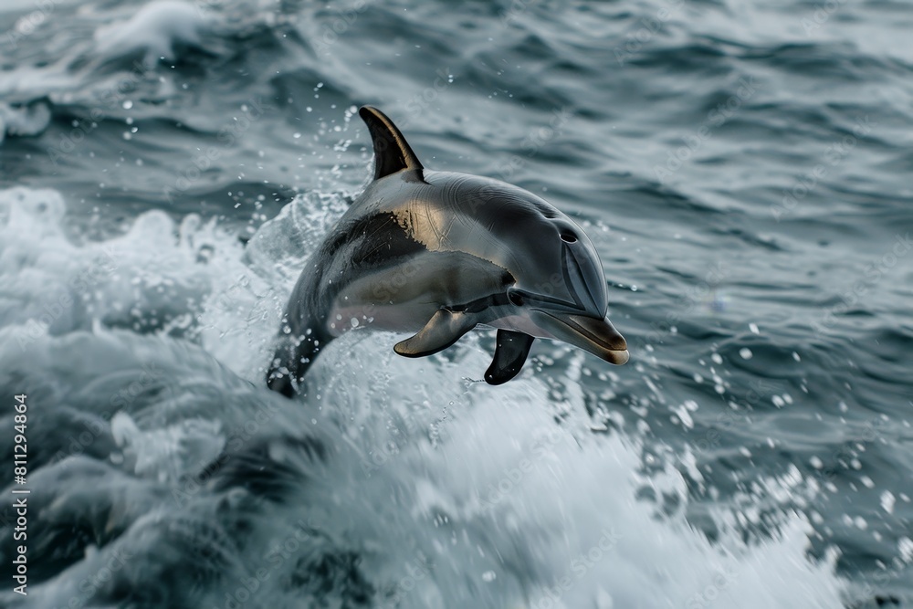 Obraz premium A dolphin leaps out of the water in a playful display of agility and grace, A playful dolphin jumping out of the water