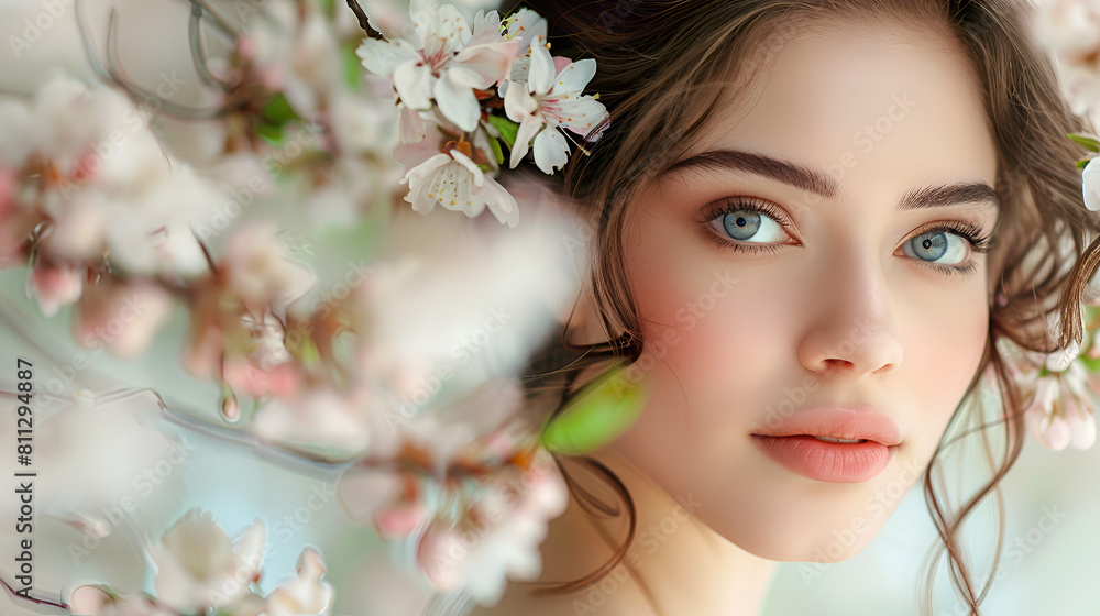 Outdoors portrait of a beautiful caucasian young brunette woman in a spring peach blossom garden. Beauty, fashion. Flowering trees nature background. Springtime blooming concept.
