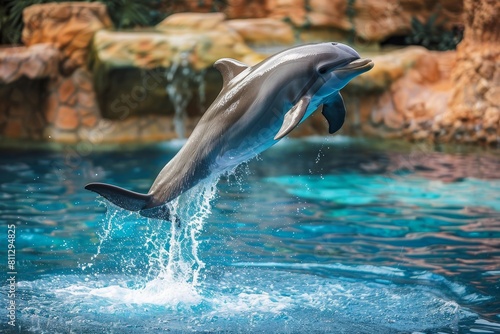A dolphin leaps out of the water in an energetic display at a zoo, A playful dolphin jumping out of the water