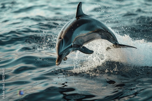 A dolphin leaps out of the water playfully in a vibrant display of agility and grace  A playful dolphin jumping out of the water