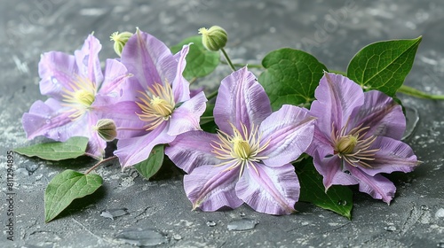   A cluster of purplish blooms perched atop a stone surface adjacent to a verdant foliage plant