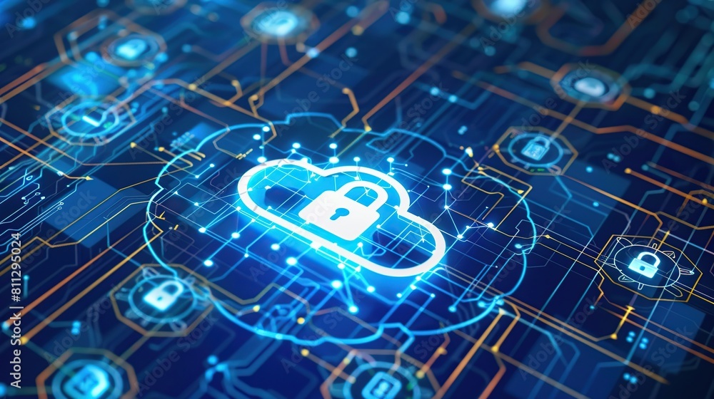 Cloud and padlock icon in motherboard, digital security data connection on dark blue background. Cloud and padlock icon in motherboard, digital security data connection on dark blue background.