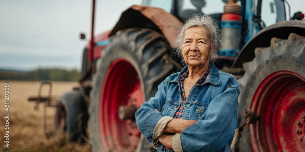 Confident female farmer standing in front of a tractor.