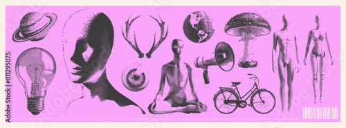 Retro Surreal Graphics. Grunge Y2K Elements with a photocopy effect in a futurism style. Dotted elements with halftone stipple effect for poster art or t-shirt. Contemporary vector illustration.