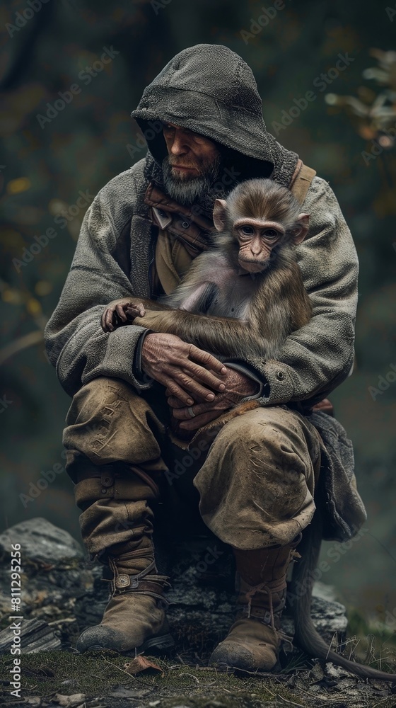 Fototapeta premium Man Embracing Primate Companion in Wilderness Sanctuary
