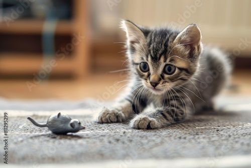 A kitten energetically playing with a toy mouse on the floor, A playful kitten pawing at a shiny toy mouse photo