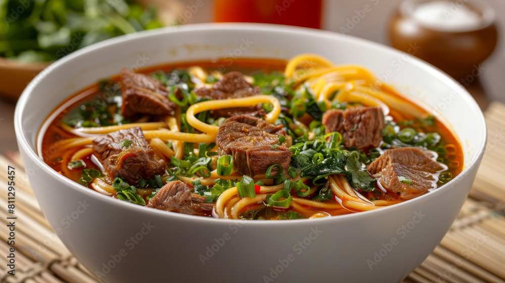 Mongolian beef noodle soup in a bowl, with flavorful broth, veggies, and succulent beef, ideal for a satisfying meal Mongolian beef noodle soup in a bowl, with flavorful broth, veggies, and succulent beef, ideal for a satisfying meal