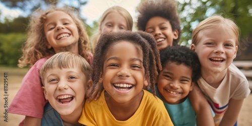 Diverse group of kids standing side by side, showing unity and togetherness.