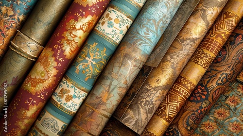 Close up stacks of original batik cloth folded vertically are arranged traditionally.